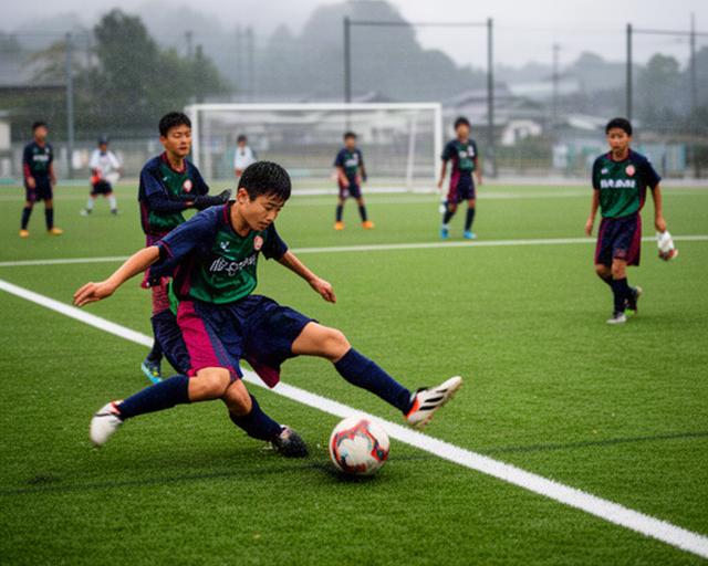 奈良県の中学校サッカー大会で選手が相手陣内へパスを送る試合場面