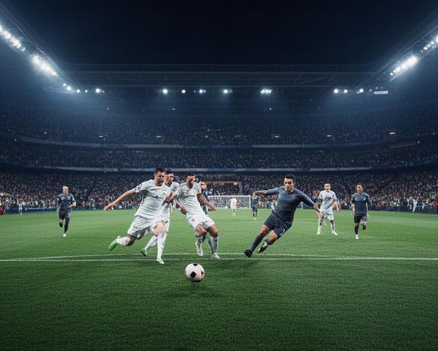 夜のサッカー競技場で選手がボールを追い、観客席から試合を見守る様子