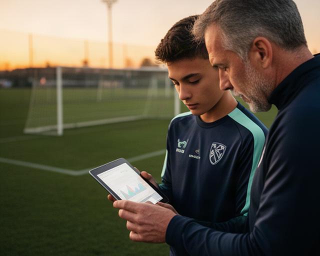 夕方のサッカーグラウンドでコーチと若手選手がタブレットの試合データを確認する様子